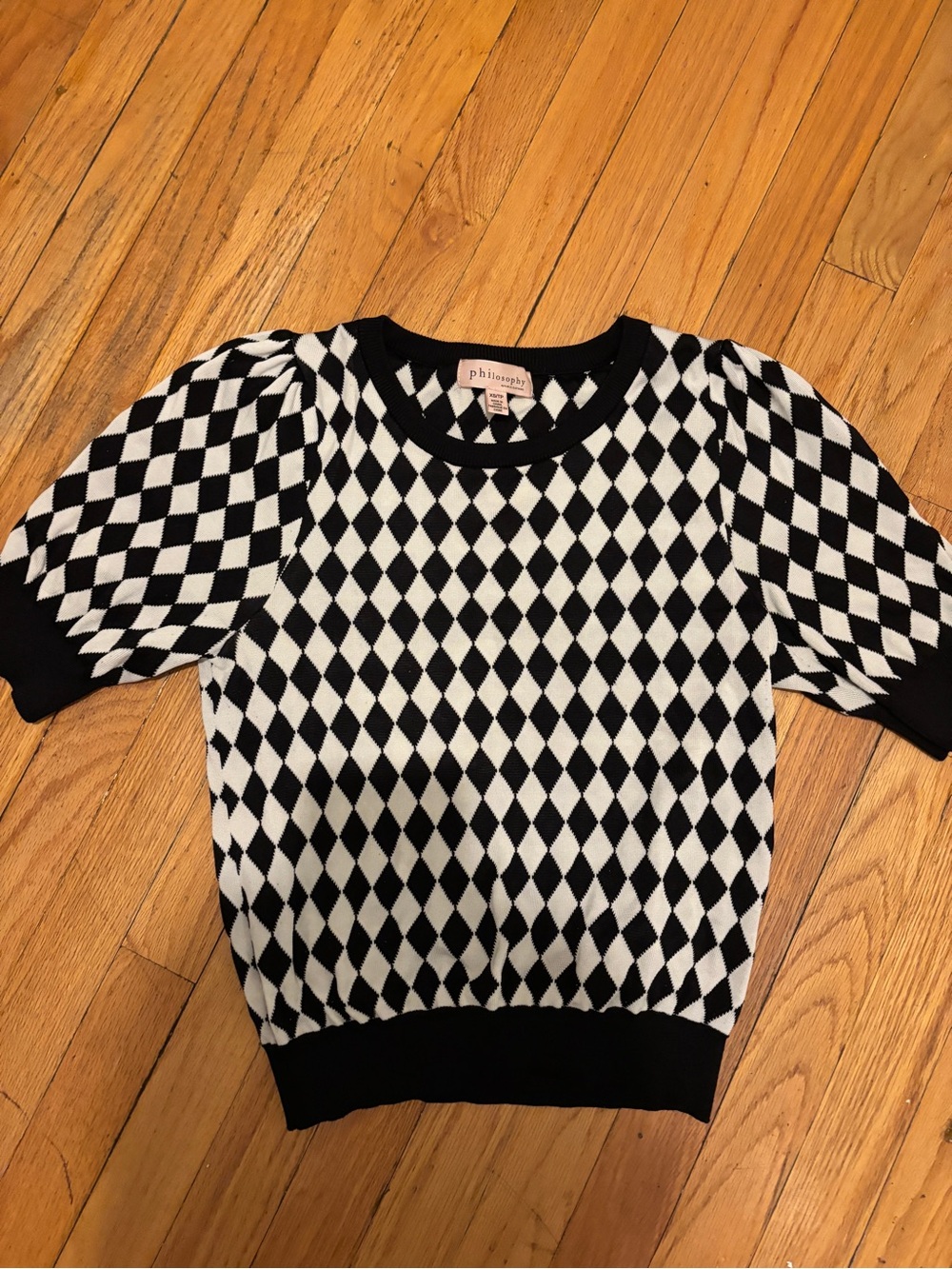 Philosophy Black & White Argyle Puff Sleeve Sweater Top